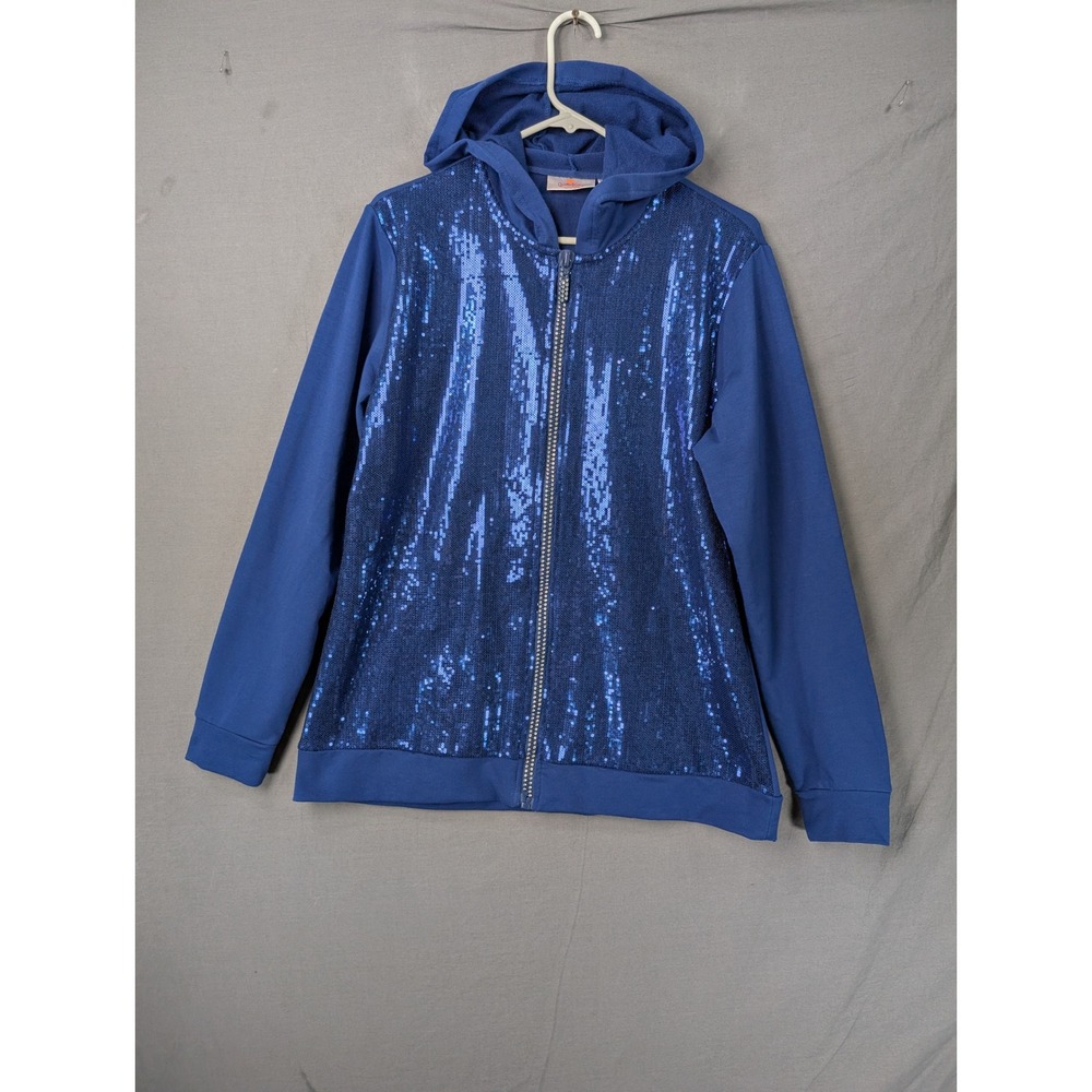 Quacker Factory Royal Blue Sequin Zip Up Hoodie Womens Sparkle Jacket